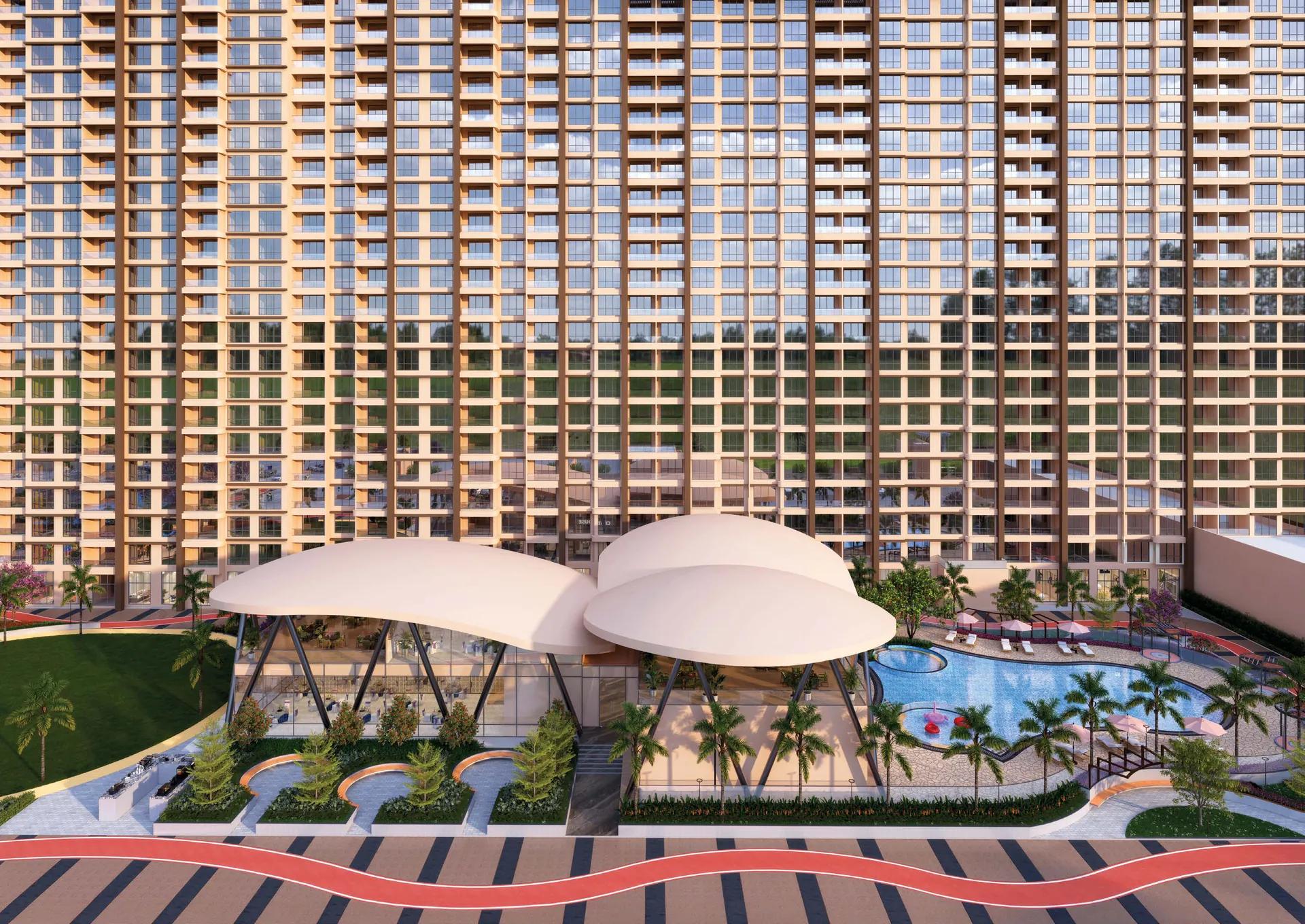 Shell-shaped canopies and pool deck on the podium at Venkatesh Vanaya, Kharadi