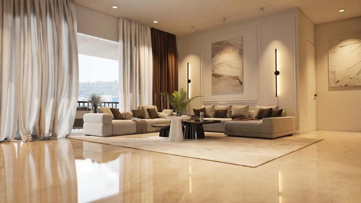 Living room render with Italian marble flooring and full-height windows at ASAP Tishya, Aundh