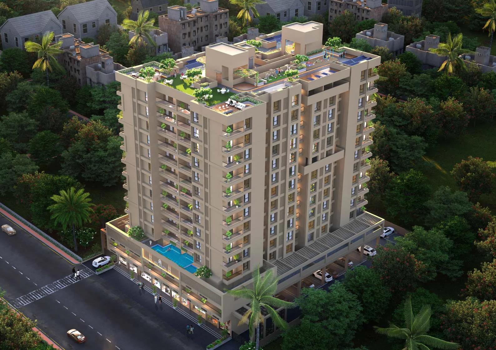 Aerial view of the tower and its rooftop gardens at Atlantis, Indrayani Nagar