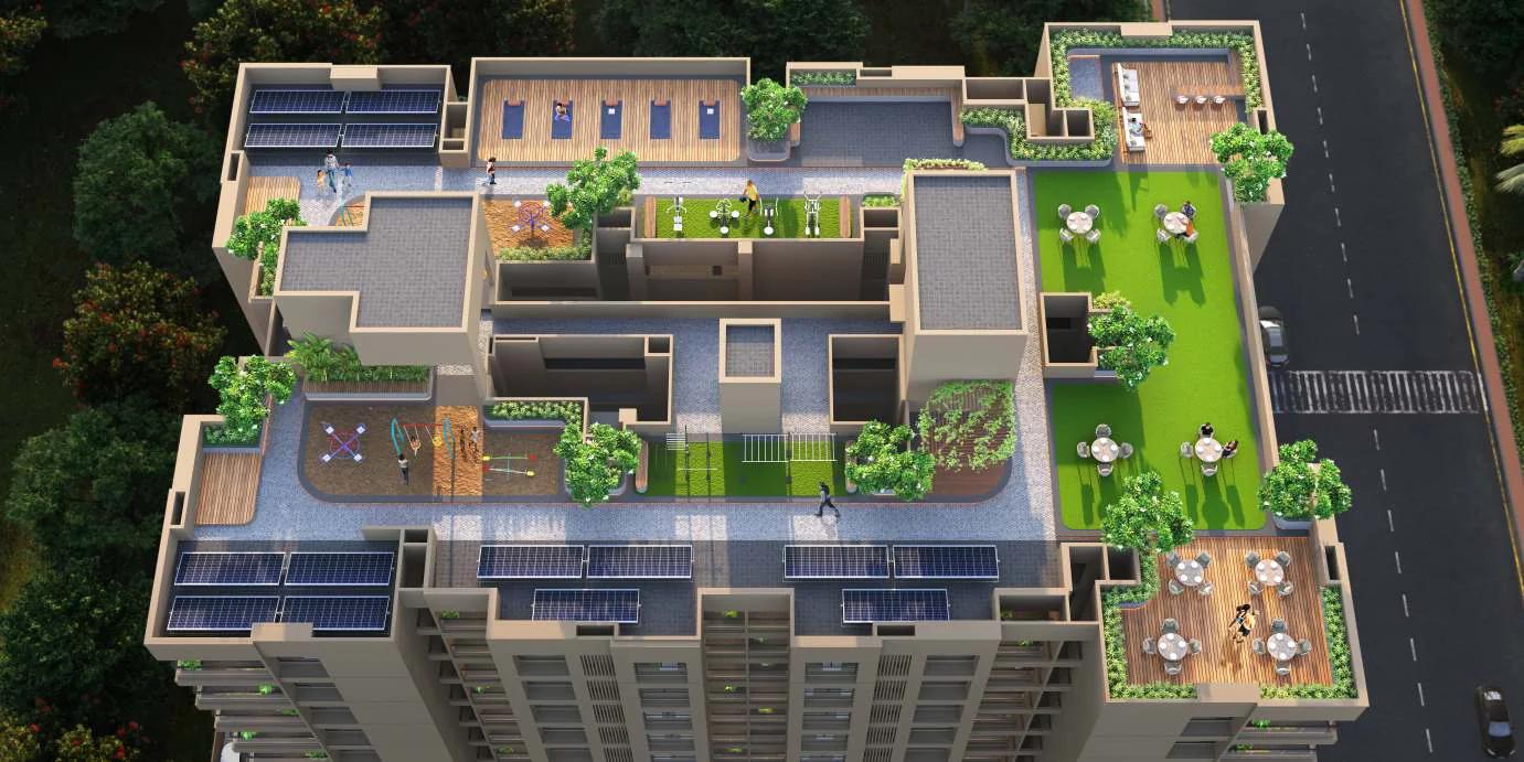Rooftop amenity deck with stargazing, party and exercise areas at Atlantis, Indrayani Nagar