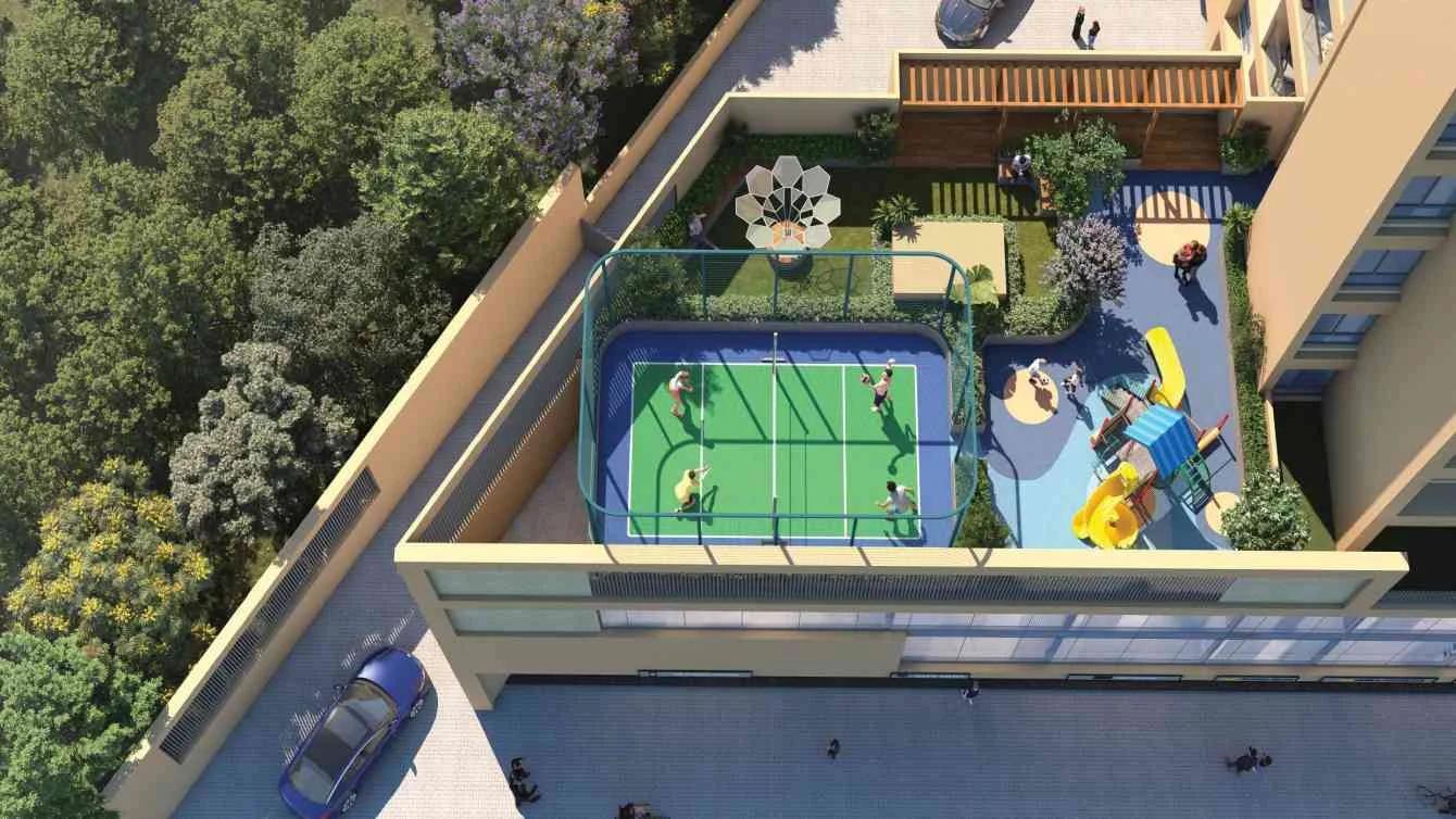 Aerial view of the terrace sports court and play area at Sky Meridian, Tathawade