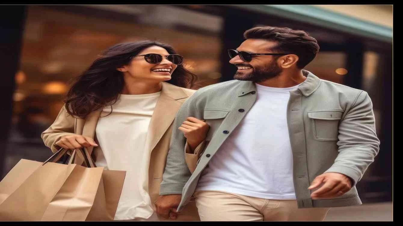Couple walking with shopping bags near Sky Meridian, Tathawade