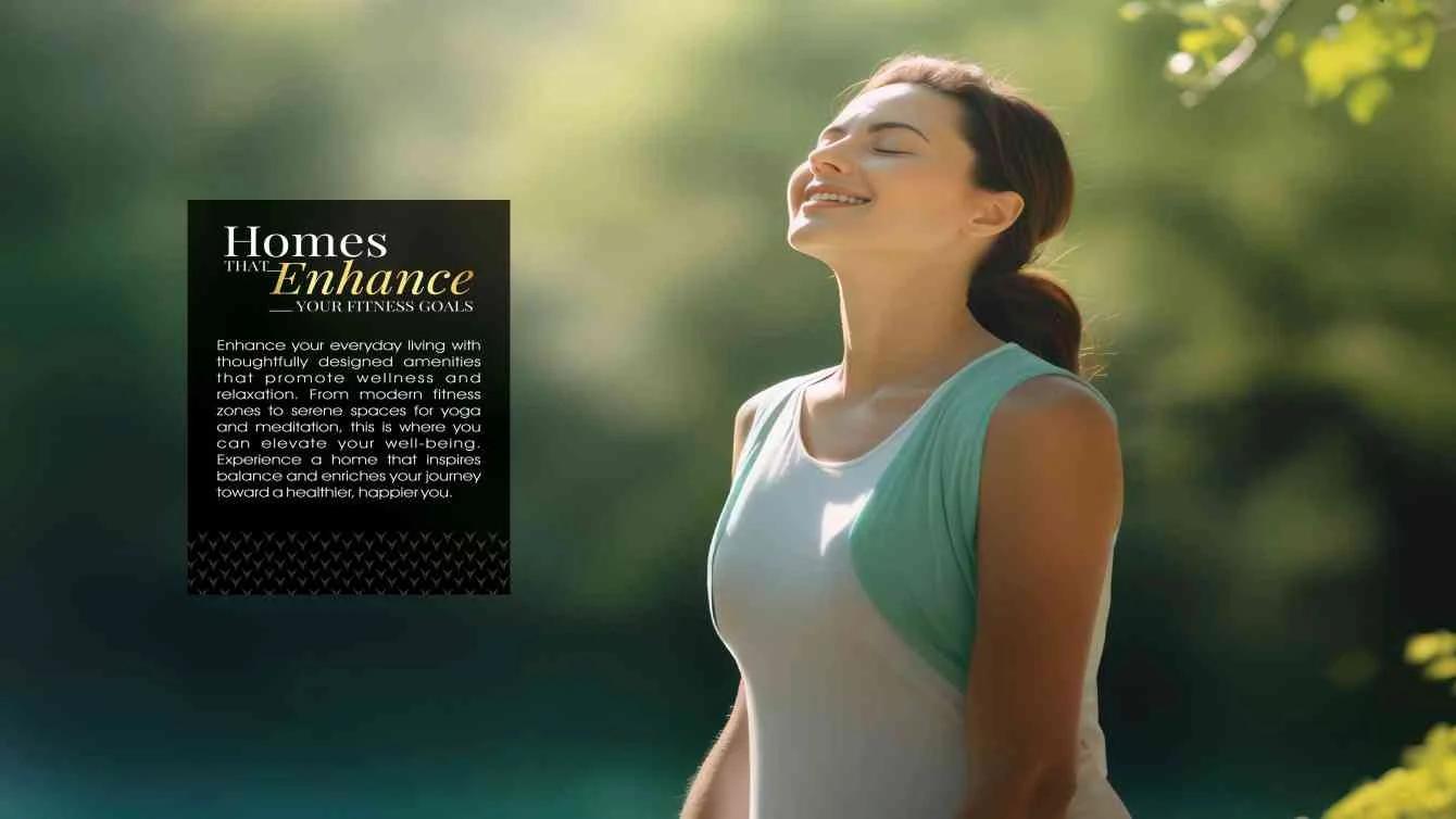Woman relaxing outdoors on a wellness page at Sky Meridian, Tathawade