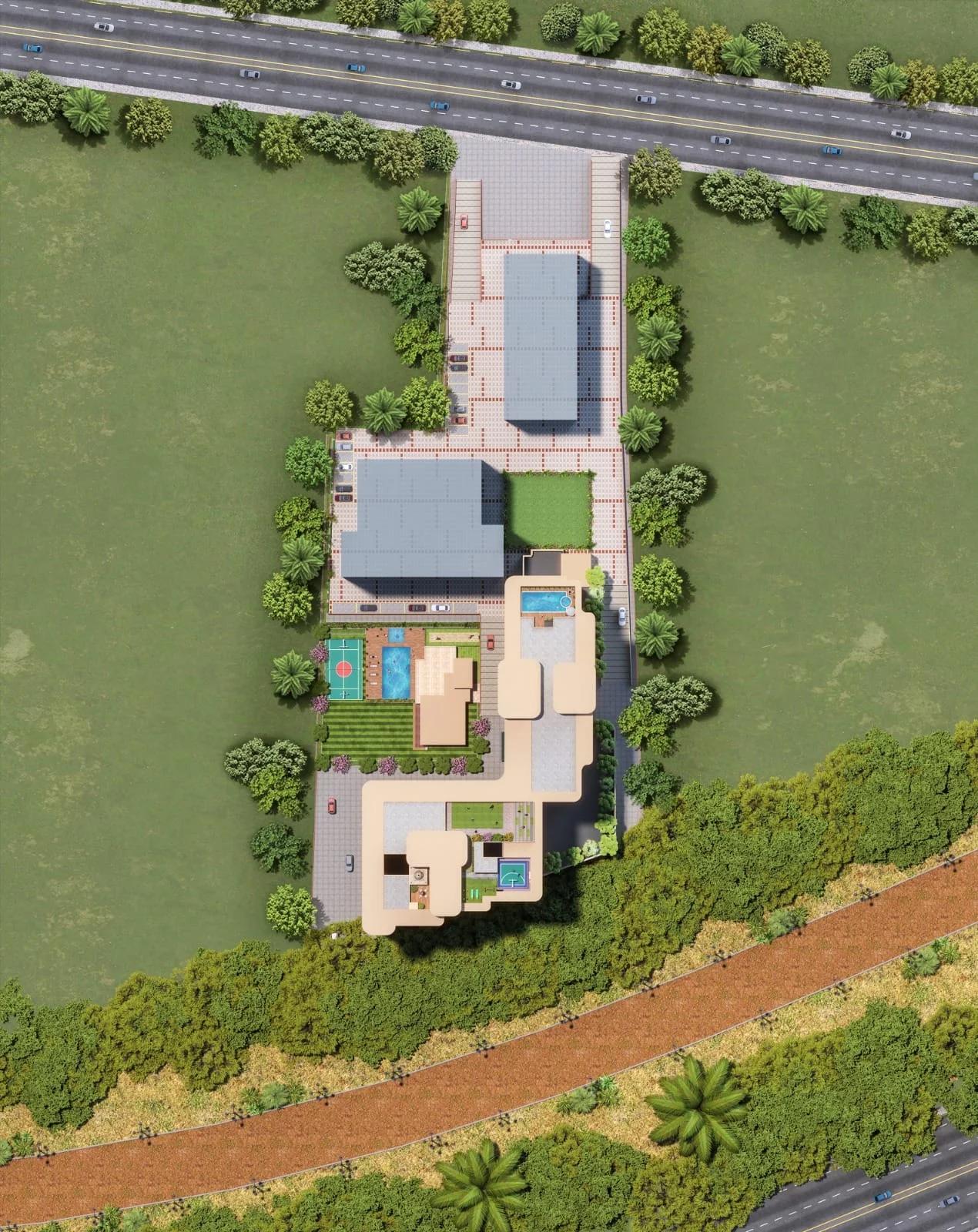 Aerial site view of buildings, lawns and road at The Westford Phase 2, Pimple Saudagar