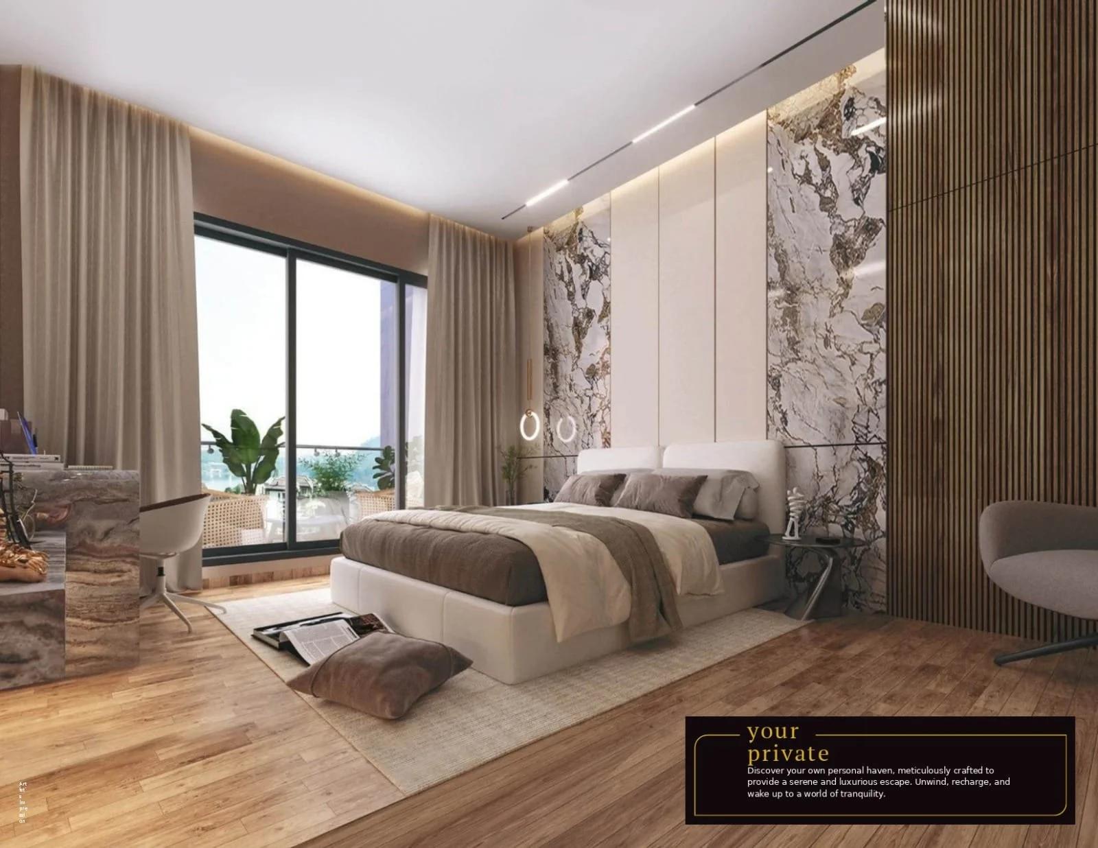 Bedroom with large window and wooden wall panels at The Westford Phase 2, Pimple Saudagar