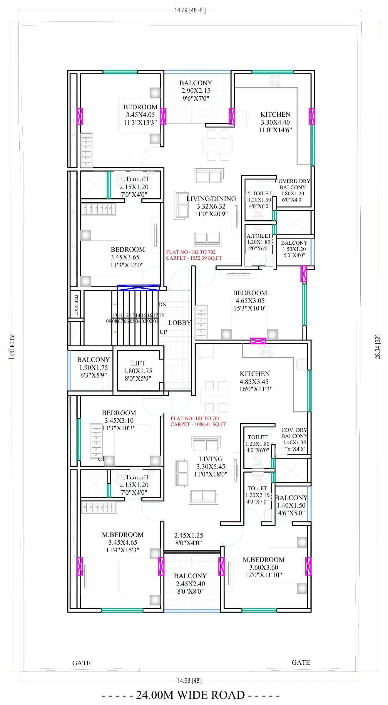 Typical floor plan with two 3 BHK homes on a 24 m road at Vitthal Nirvana, Nigdi