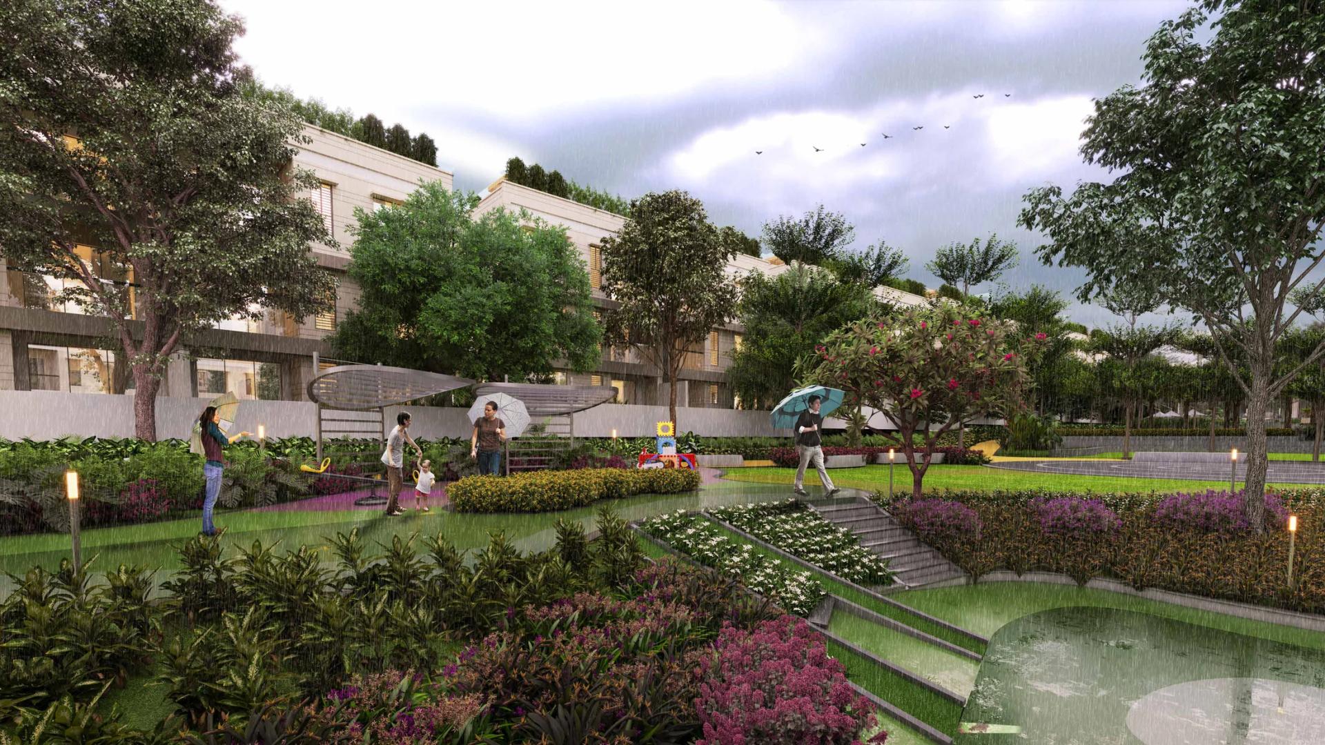 Themed gardens and seating along the green spine at Supreme Villagio, Somatane