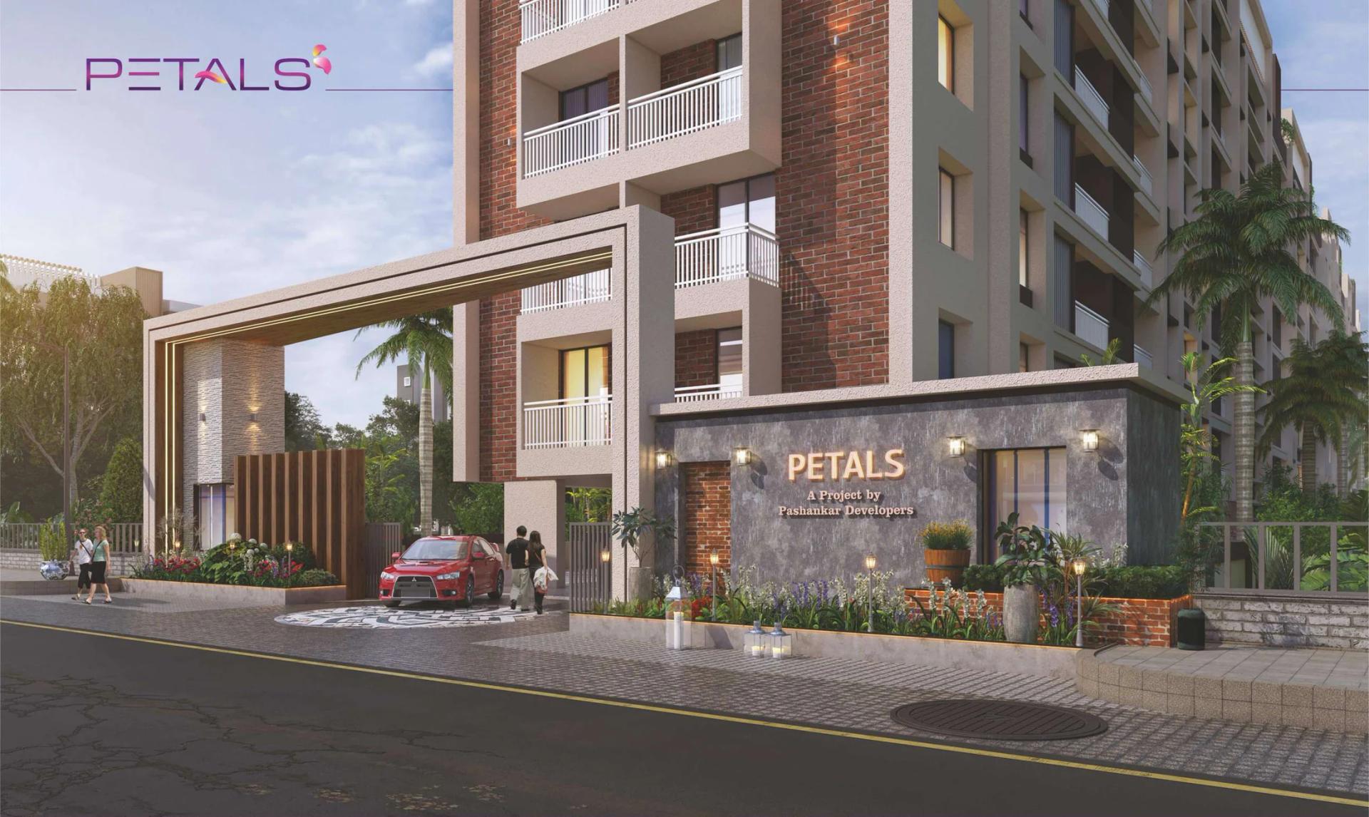 Entrance gate and name wall with landscaping at Petals, Tathawade