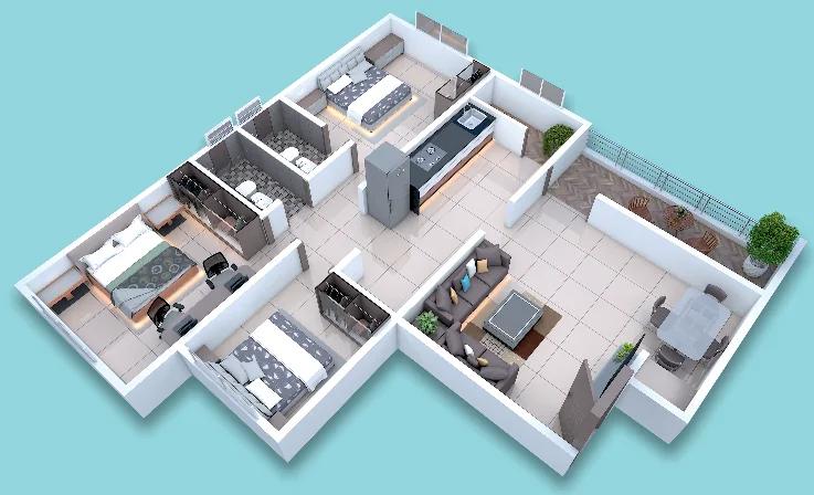 3D view of the 957 sq ft 3 BHK home at Skyone, Walhekarwadi