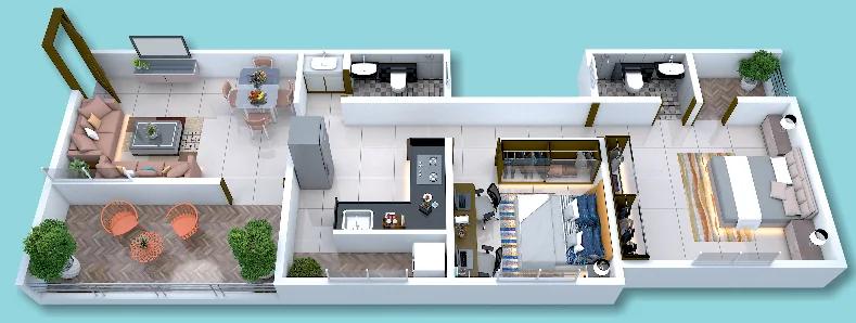 3D view of a 2 BHK home with its living room balcony at Skyone, Walhekarwadi