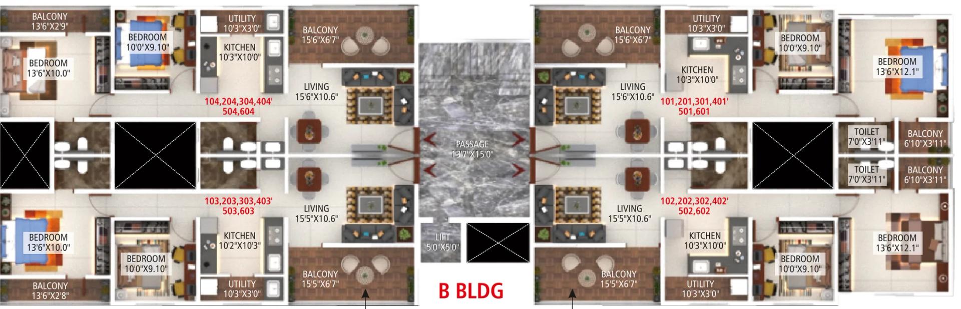 B building typical floor plan with four 2 BHK homes at Skyone, Walhekarwadi