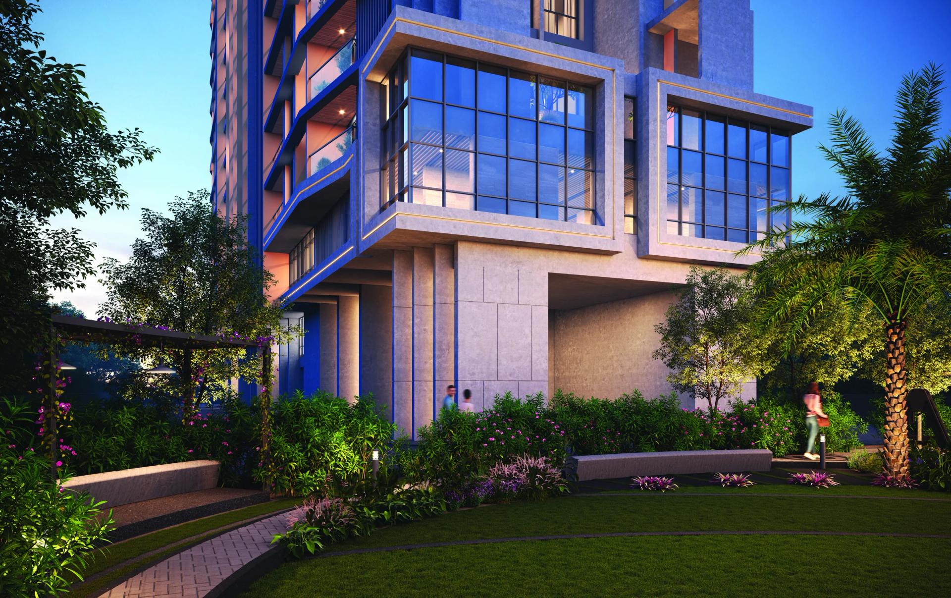 Ground-level garden, gazebos and jogging track at Shaligram The Mile (architectural rendition)