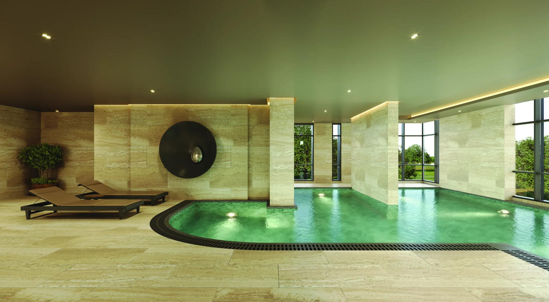 Swimming pool with deck and jacuzzi at Shaligram The Mile (architectural rendition)
