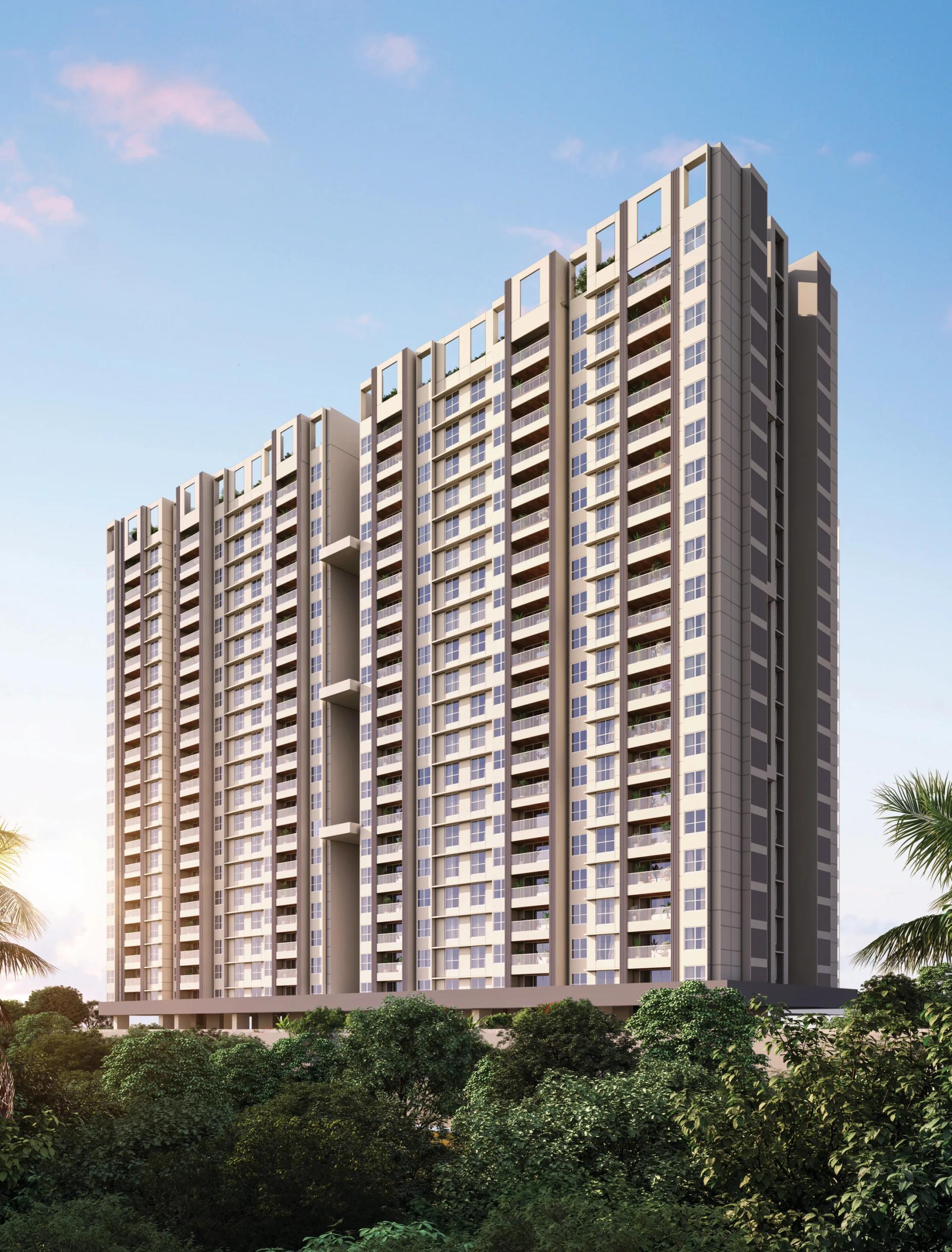 Full tower elevation with balconies at sunset at The Reserve, Mundhwa