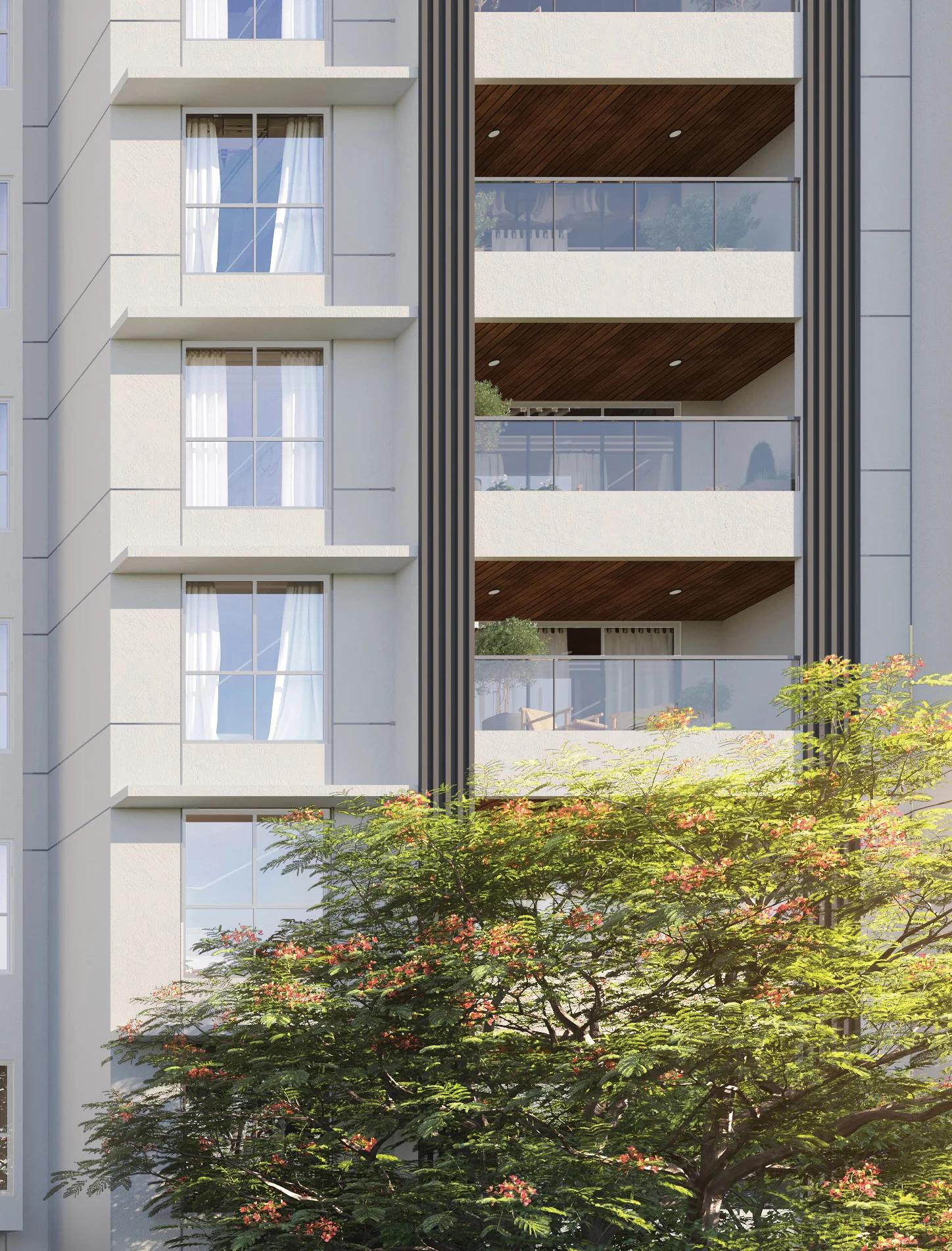 Facade with wood-finish balcony ceilings and glass railings at The Reserve, Mundhwa