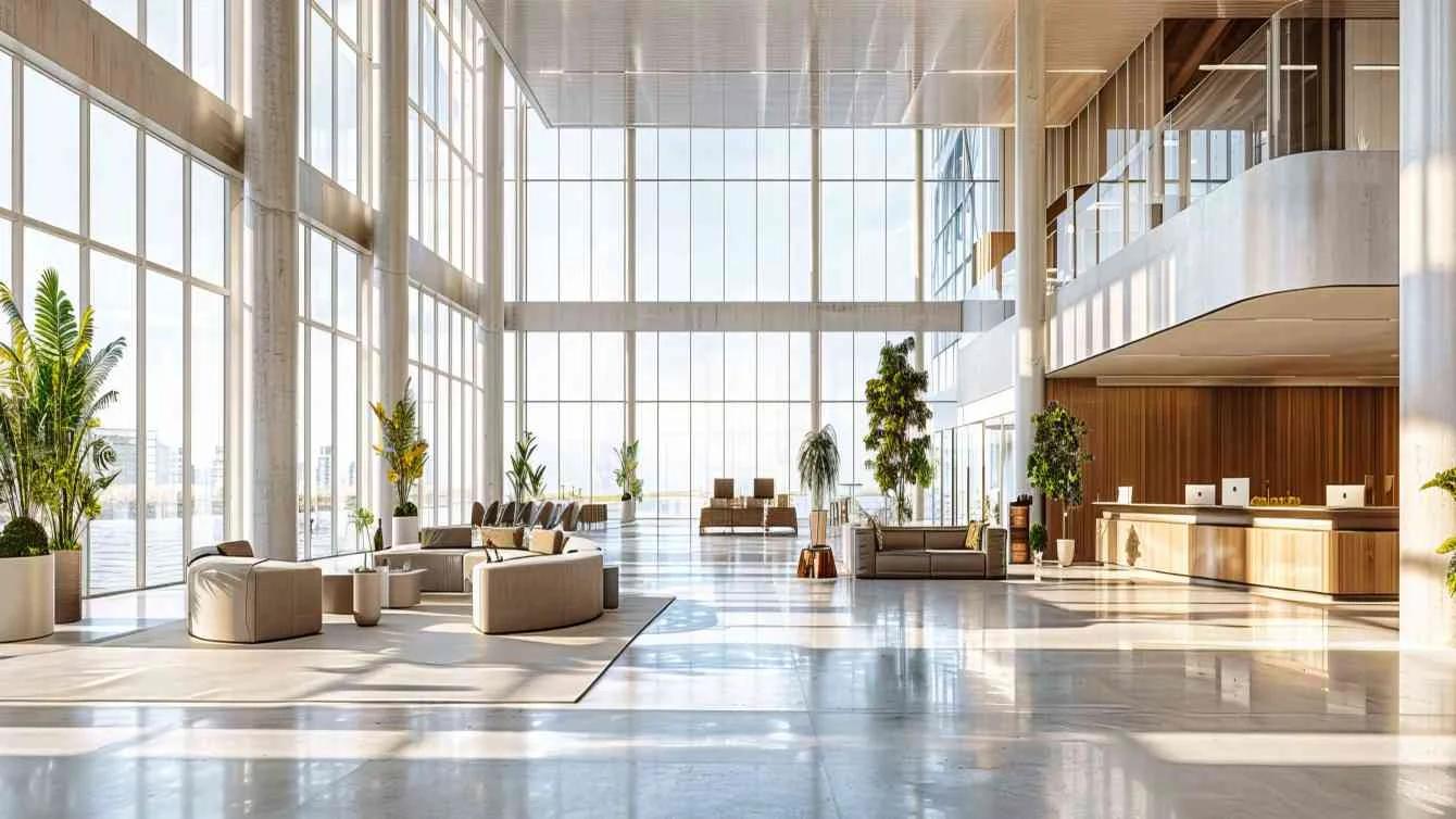 Tall glass-walled lobby with seating and reception at Stalwart Business Enclave, Baner