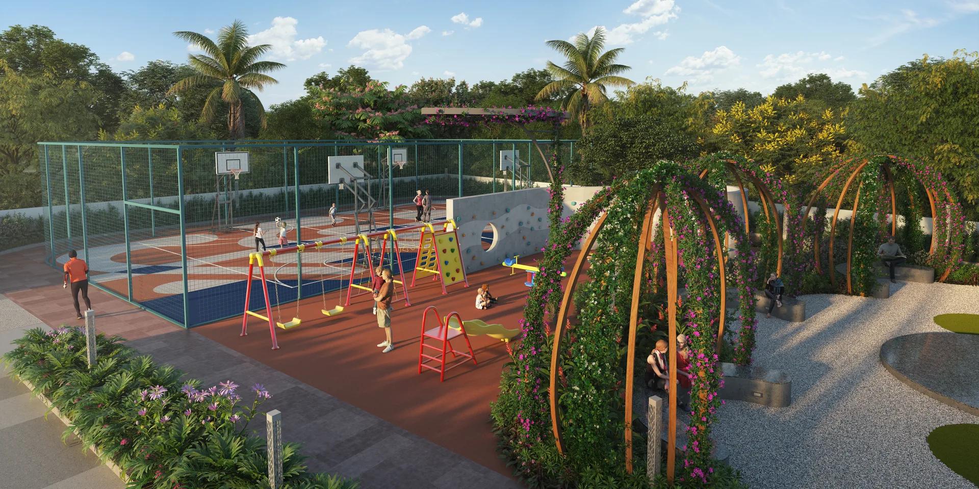 Multipurpose court, play park and adventure park among landscaped gardens at Dream Delmont, Bavdhan