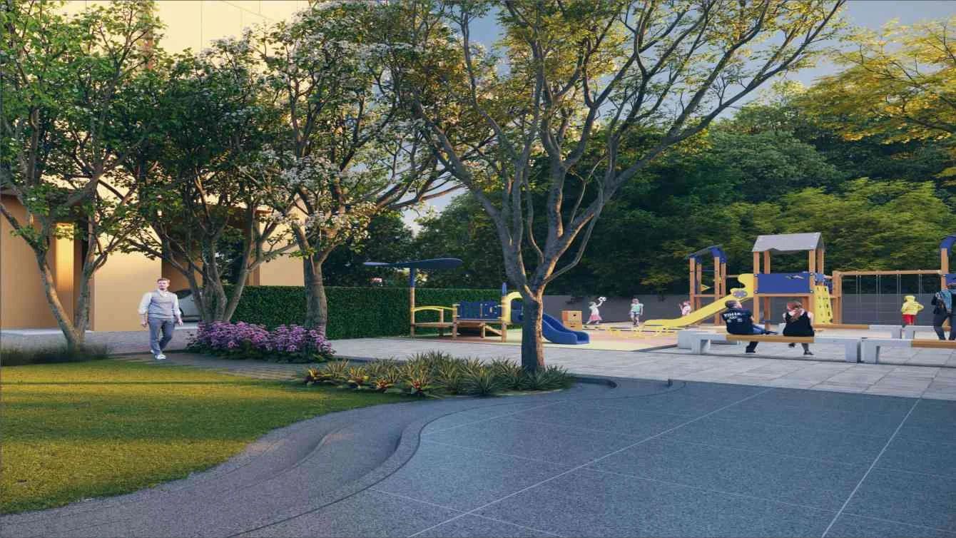 Garden path and children's play area at Meridian Square Tathwade