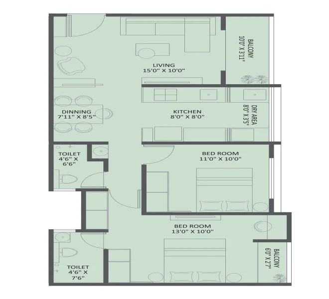 Spacious and well-designed 2 BHK apartment by Ravima Group