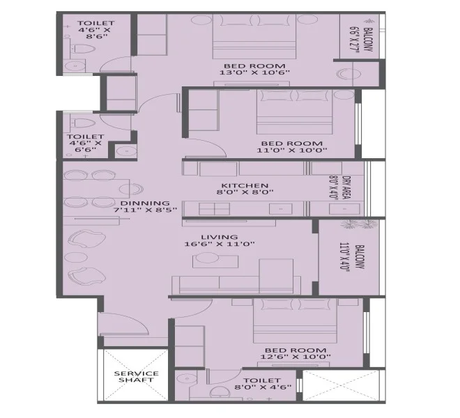 Spacious and well-designed 3 BHK apartment by Ravima Group