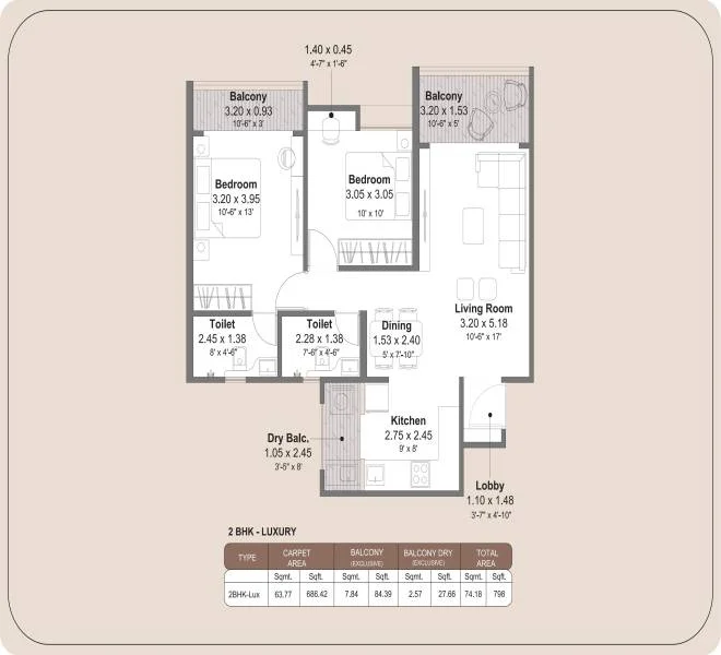 2 BHK 798 Kohinoor Regalia towers Wakad, Pune