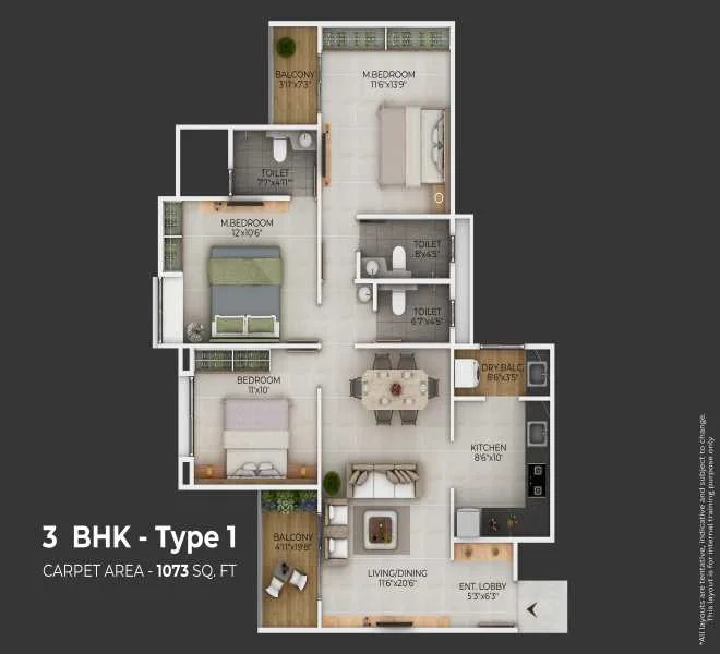 3 BHK 1073 Vardhaman The 44 Wakad, Pune