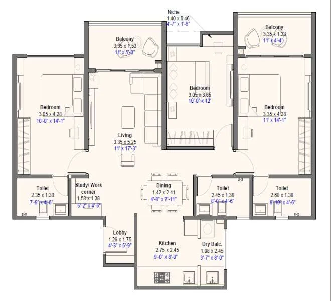 3 BHK 1086 Kohinoor Anantara wakad, pune